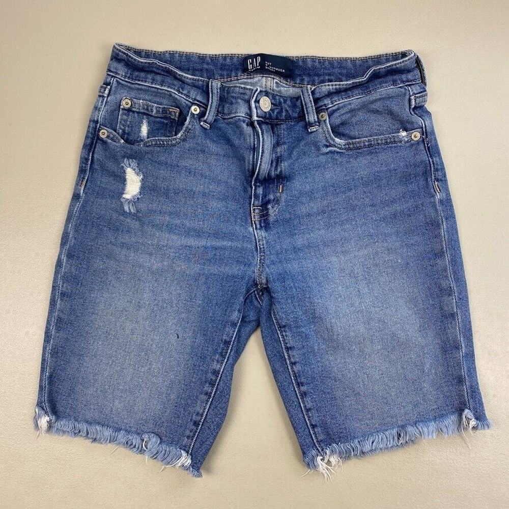 Gap Denim Shorts 9" Bermuda Womens 4 27 Cut Off Raw Hem Medium Wash Indigo 28x9